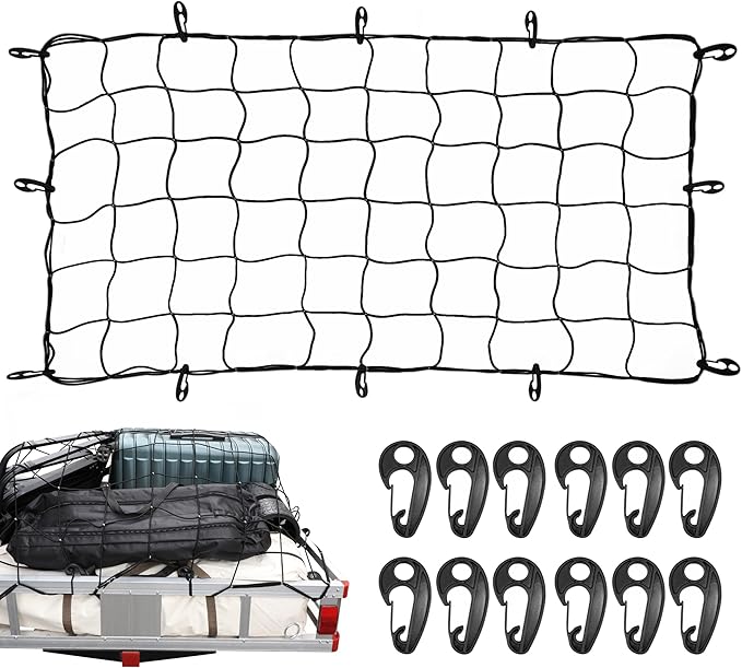 MaxxHaul Heavy-Duty Cargo Net – 3' x 5' Stretches to 6' x 10' – Wide 6" Mesh with 12 PP Hooks – Truck Bed, Trailer & Roof Rack Cargo Accessory