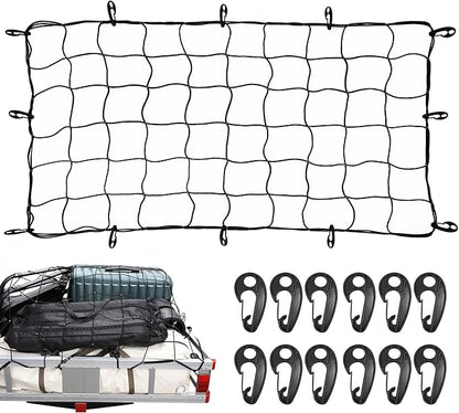 MaxxHaul Heavy-Duty Cargo Net – 3' x 5' Stretches to 6' x 10' – Wide 6" Mesh with 12 PP Hooks – Truck Bed, Trailer & Roof Rack Cargo Accessory