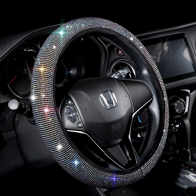 Valleycomfy Steering Wheel Cover for Women Men Bling Bling Crystal Diamond Sparkling Car SUV Wheel Protector Universal Fit 15 Inch (Black with Colorful Diamond,Standard Size(14" 1/2-15" 1/4))
