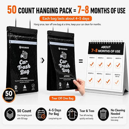 Noaman 50PCS 1 Pack Car Trash Bags, 2.5 Gal Disposable Garbage Bags for Car, SUV, Truck and RV, Leak-Resistant Odor-Control Bags, Stick-On or Headrest Mount, Alternative to Car Trash Can, Black