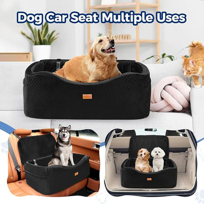 Large Dog Car Seat for Medium Sized, Dog Booster Car Seat, Pet Booster Seats up to 55lbs or 2 Small with 4" Memory Foam for Back Seat, Triple Safety Belts, Storage Pockets, Detachable/Washable