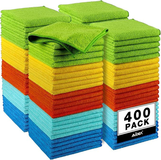 AIDEA Microfiber Cleaning Cloth, 400PK, Microfiber Towels for Cars, Shop Towels Cleaning Rags, Premium Wash Cloths, Absorbent Towel for SUVs, House, Kitchen, Window, Cleaning Supplies 12×12"