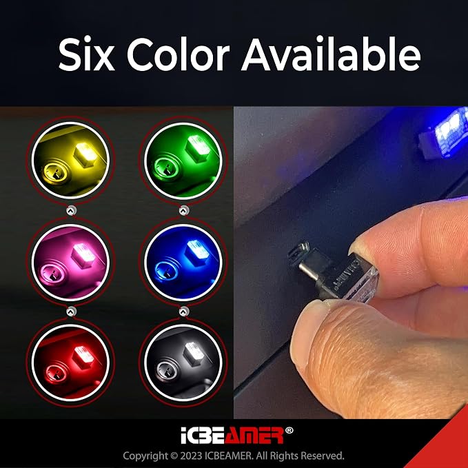 ICBEAMER Type C Adapters Atmosphere Light 2-Pack (Red) | Universal Plug-in Miniature LED Night Light for Car Interior and Trunk Ambient Lighting