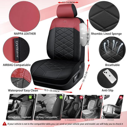 CAR PASS Memory Foam Leather Front Seat Covers, Breathable Perforated Nappa Leather Seat Covers Universal Fit for Cars,SUV,Truck Seat Covers Thick 3D Foam Comfort, Airbag Compatible Black Burgundy Red