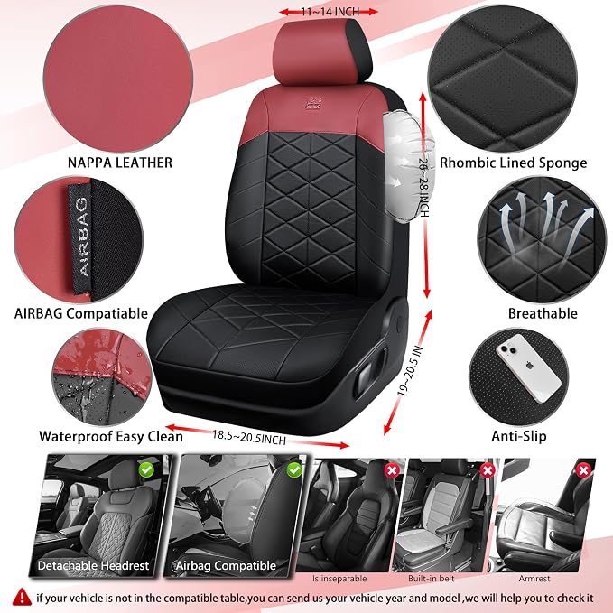 CAR PASS Memory Foam Leather Seat Covers Full Set, Breathable Perforated Nappa Leather Seat Covers Universal Fit for Most Sedans,SUV,Trucks Thick 3D Foam Comfort, Airbag Compatible Black Burgundy Red