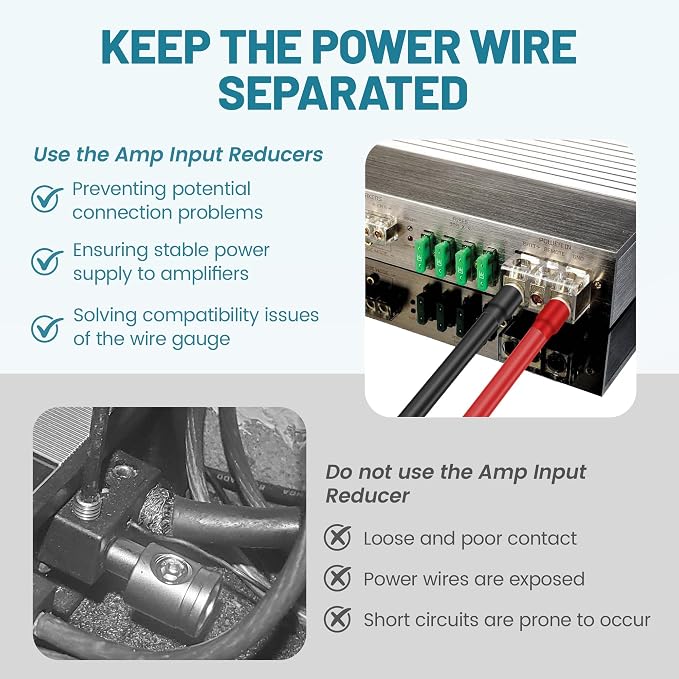 NuIth Amp Input Reducer 4 Gauge to 8 Gauge, 4PCS Car Audio Amplifier Wire Terminal Connectors Brass with Heat Shrink Tubing Allen Key for Amp Input, AWG Pin Power & Ground Connection