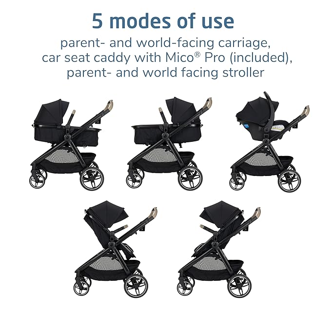 Maxi-Cosi Zelia Pro 5-in-1 Travel System with Mico Pro Infant Car Seat and Baby Stroller Combo, Reversible Seat, Large Wheels, Adjustable Handle, Newborn to Toddler, Lightweight, Caspian Caviar