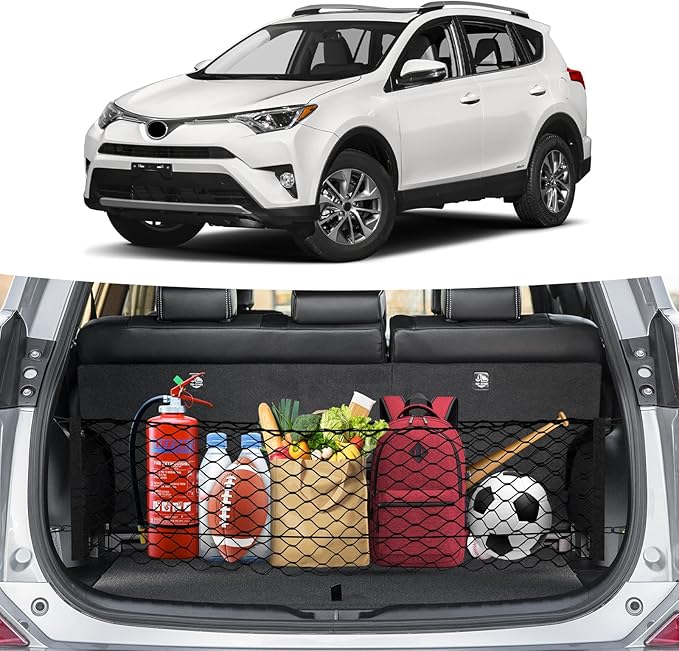 Canvcle Trunk Cargo Net for 2013-2018 Toyota RAV4 Accessories Envelope Style Mesh Trunk Net Organizer and Storage Stretchable Adjustable Elastic Nylon Rear Cargo Netting with Hooks