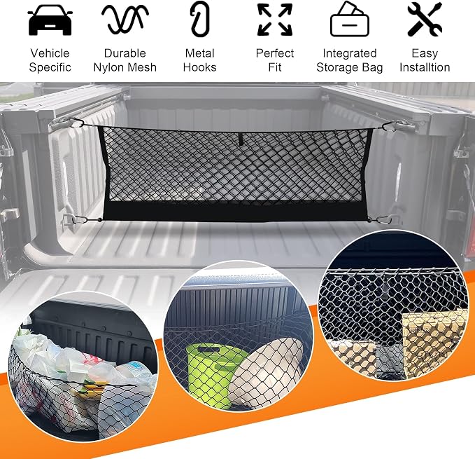 Truck Bed Cargo Net for Dodge Ram 1500 2019-2024 2025, Envelope Style Pickup Cargo Net with Storage Bag, Heavy Duty Elastic Mesh Organizer with Carabiners, Secures Groceries & Gear