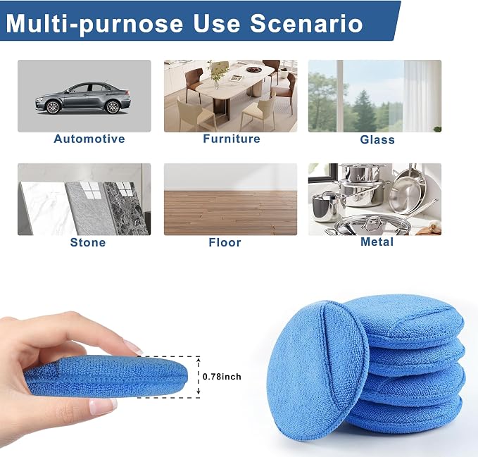Auto Care Microfiber Wax Applicator Pads with Finger Pocket, Blue, Ultra-Soft 70/30 Blend, 5 Inch Diameter, 6 Pack, for Cars, Trucks, Motorcycles