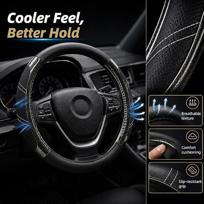 Elantrip Sport Leather Steering Wheel Cover 14 1/2 inch to 15 inch Universal, Padded Soft Grip Breathable for Car Truck SUV Jeep, Anti Slip Odorless Carbon Fiber Black