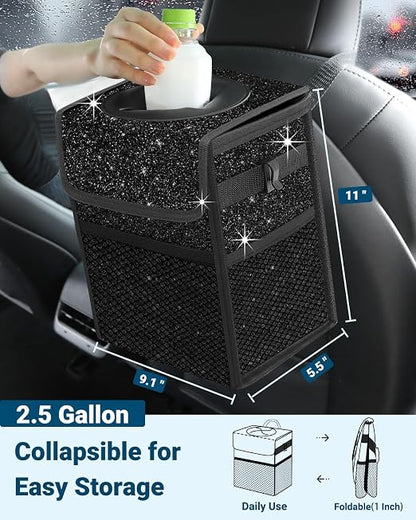 Capolo Car Trash Can with Lid, Leakproof Car Trash Bag Hanging Waterproof Automotive Garbage Can with Storage Pockets Mini Vehicle Trash Bin for Back/Front Seat(Sparkly Black,2.5 Gallon)