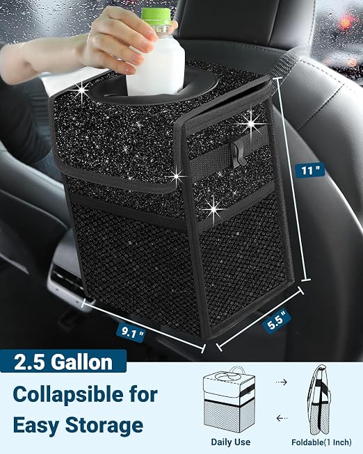 Capolo Car Trash Can with Lid, Leakproof Car Trash Bag Hanging Waterproof Automotive Garbage Can with Storage Pockets Mini Vehicle Trash Bin for Back/Front Seat(Sparkly Black,2.5 Gallon)