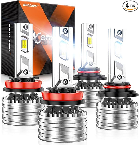 SEALIGHT 9005 H11 Bulbs, 180,000LM 14X Brightness, HB3 H8/H16/H9 6500K Cool White LED Bulbs, IP68 Waterproof 70000Hrs Lifespan, No Flickering, 1Mins Installation, 4 Pack