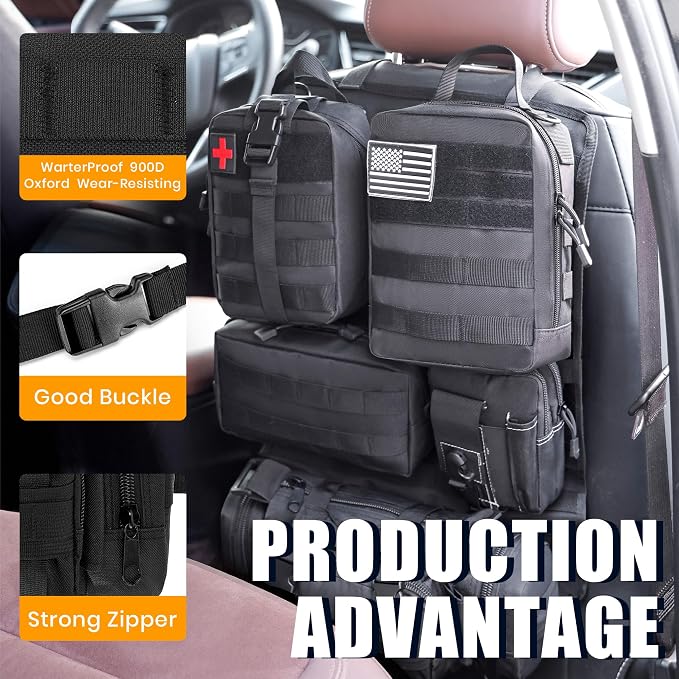6 Pack Tactical MOLLE Car Seat Back Organizer - Universal Vehicle Storage Bag with 5 Detachable MOLLE Pouches, US Flag Patch & Keychain, Fits Jeep, Truck, SUV, Car (Black)
