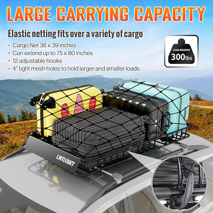 LWTURMRT 64 x 39 Inch Universal 300LB Heavy Duty Roof Rack Cargo with Cargo Net, Car Top Luggage Holder Carrier Basket for SUV,Truck or RV Camping Storage Steel Construction