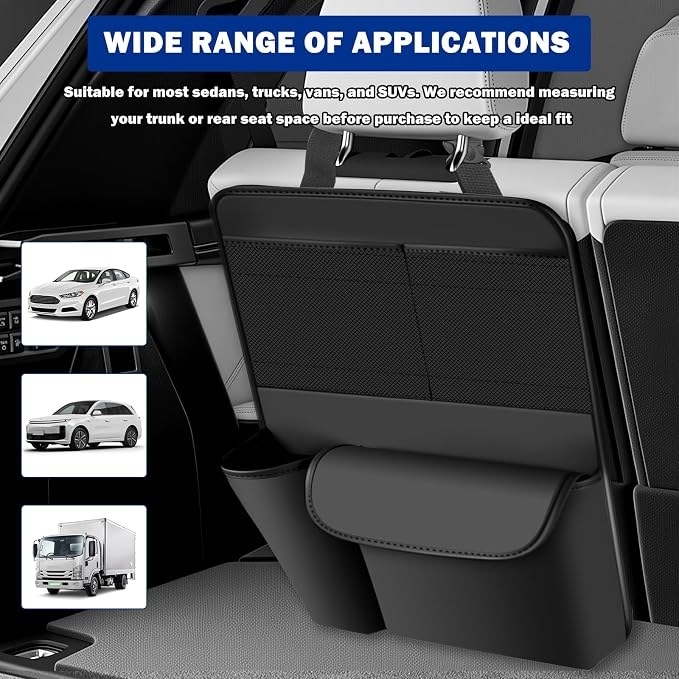 Leather Car Trunk Organizer,Large Capacity Backseat Car Organizer with 2 Mesh Pockets & Cup Holder,Detachable Hanging Cars Organizers and Storage for Family Road Trips