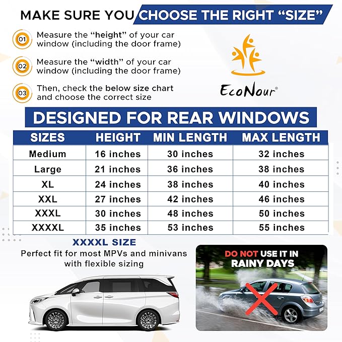EcoNour Car Window Sun Shades for MPV & Minivan Sliding Door Rear Windows | Elastic Mesh Sunshade for Baby & Passenger Comfort | Car Window Accessories | 2 Pack Side Window Shades