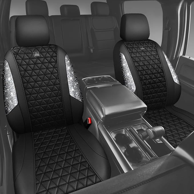 CAR PASS 3D Air Mesh Seat Covers for Cars, Bling Diamond Leather Foam Car Seat Covers for 2 Front Interior Sets, Automotive seat Covers Universal Fit Truck SUV Cute Women Girl, Black Silver Rhinestone
