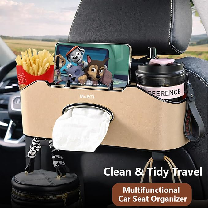 Mu&Ti Back Seat Car Organizer,4+2 in 1 Multifunctional Car Back Seat Storage Box with 2 Cup Holders, Tissue Box and Hook - Ideal for Kids and Travel(Beige)