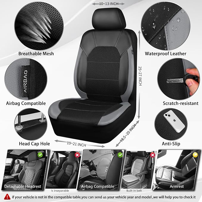 CAR PASS Leather Car Seat Covers Front Seats only, with Air Mesh Front Seat Covers Breathable, Cool Automotive Seat Covers 2 Pack, Universal Fit Most Cars,SUV,Truck,Van Airbag Compatible(Black Gray)