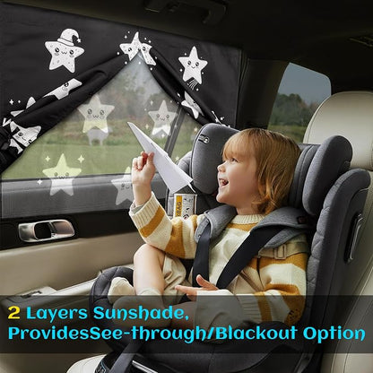 Car Window Shades, 2 Packs Magnetic Car Sun Shades for Baby, 2 Layers for Blackout/See Through Options Stars Pattern Side Window Curtain for Kids Heat/UV Blocker
