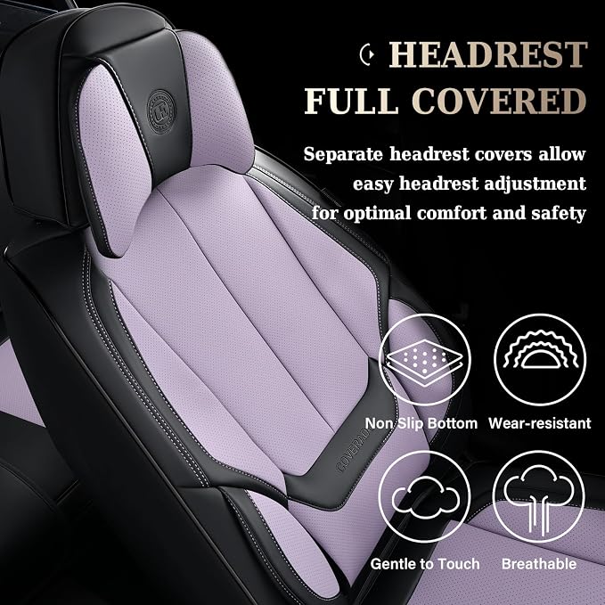 Coverado Universal Seat Covers Front, Universal Seat Covers for Cars, 2-Pack Waterproof Nappa Leather Car Seat Covers with Head Pillow, Auto Protectors Fit for Most Sedans SUV Truck-Black&Purple