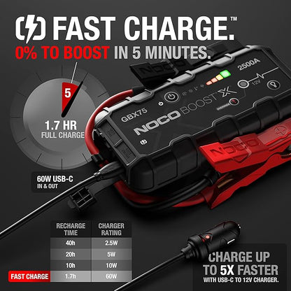 NOCO Boost X GBX75: 2500A UltraSafe Jump Starter – 12V Lithium Battery Booster Pack, Portable Jump Box, Power Bank & Jumper Cables - for 8.5L Gas and 6.5L Diesel Engines