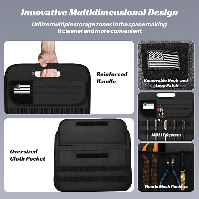 Sposuit Car Trunk Organizer for SUV - 65L Collapsible Tactical MOLLE Car Storage with Reinforced Handles & Multiple Pockets, Sturdy Trunk Organizers for Groceries, Tools & Outdoor Storage (Black 2Pcs)