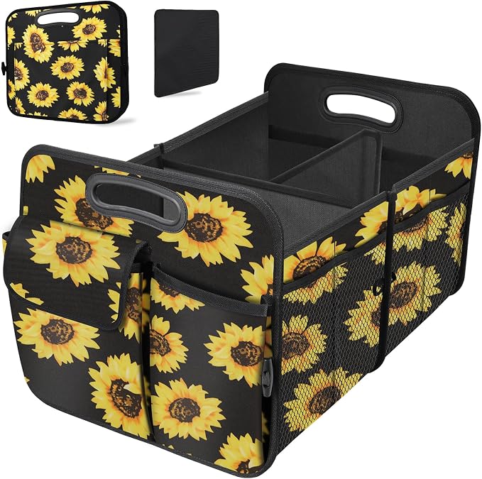 Trunk Organizer, Collapsible Trunk Organizers and Storage, Car Accessories for Women and Men, Multi-Compartment Trunk Storage Organizer for SUV, Car, Mini-Van - Sunflower