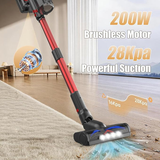 Snacorp Cordless Vacuum Cleaner Upgraded 200W 45Mins Rechargeable with 3 Suction Modes Anti-Tangle Wireless Vacumm with Touch Screen LED Light Lightweight Wireless Vacuum for Home Pet Hair Floors Car