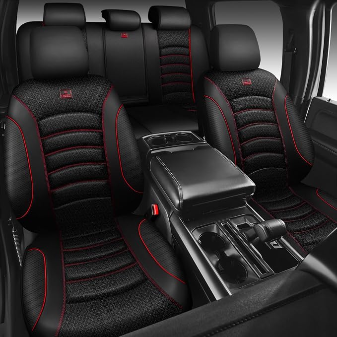 CAR PASS Comfortable 3D Foam Mesh Leather Car Seat Covers Full Sets, Air Cool Mesh Breathable Seat Covers for Car, Universal 5 Seats Fit for SUV Truck Sedan Automotive, Airbag Compatible,Black Red