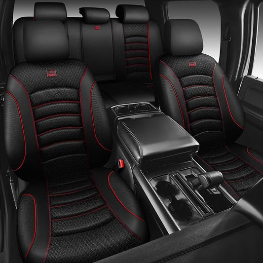 CAR PASS Comfortable 3D Foam Mesh Leather Car Seat Covers Full Sets, Air Cool Mesh Breathable Seat Covers for Car, Universal 5 Seats Fit for SUV Truck Sedan Automotive, Airbag Compatible,Black Red