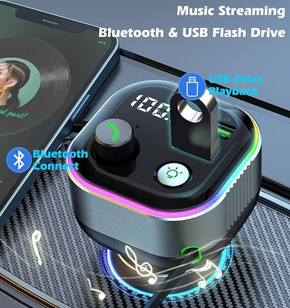 LIHAN Bluetooth 5.4 FM Transmitter for Car, 36W(12V)-65W(24V) Type C Retractable Cord Fast Charger, Wireless Audio Adapter with Hi-Fi Bass,Hands-Free Call,Music Player,Compatible with iPhone & Android
