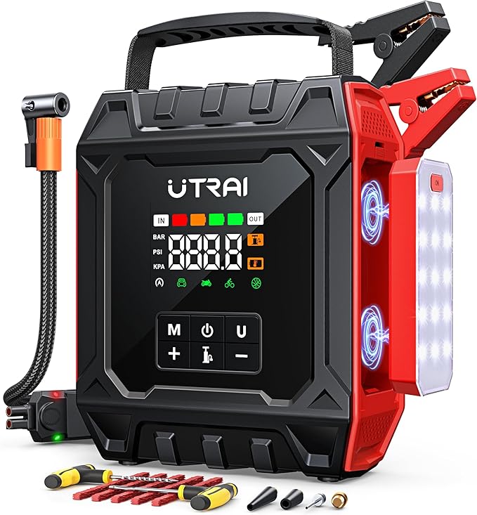 UTRAI 8000A Jump Starter with Air Compressor 160PSI, Car Battery Jumper Starter for All Gas/12L Diesel Engines, Portable Car Jump Starter Jump Box with 1000LM Magnetic Light, Tire Repair Kit