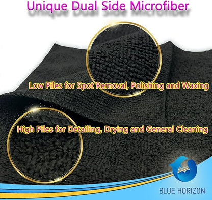 Blue Horizon Black Microfiber Cleaning Towels, 24-Pack Dual-Sided Ultra Soft Plush Washcloth, All Purpose Premium Microfiber Detailing Cleaning Cloths Shop Towels (16" x 16", Black)