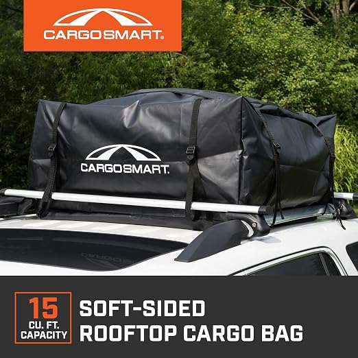 CARGOSMART CargoSmart Soft Sided Car Top Cargo Bag, 38”x38”x18” – Adds up to 15 Cubic Feet of Storage – Easily Mounts to Vehicle’s Roof Rack or Roof Top Basket – Heavy-Duty Vinyl, Black