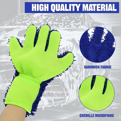 2PCS Car Wash Mitt, 5 Finger Chenille Microfiber Cleaning Mitt for Cars, Scratch-Free Auto Washing Gloves, Car Interior Exterior Cleaning Gloves, Great for Hard-to-Reach Areas (Blue)