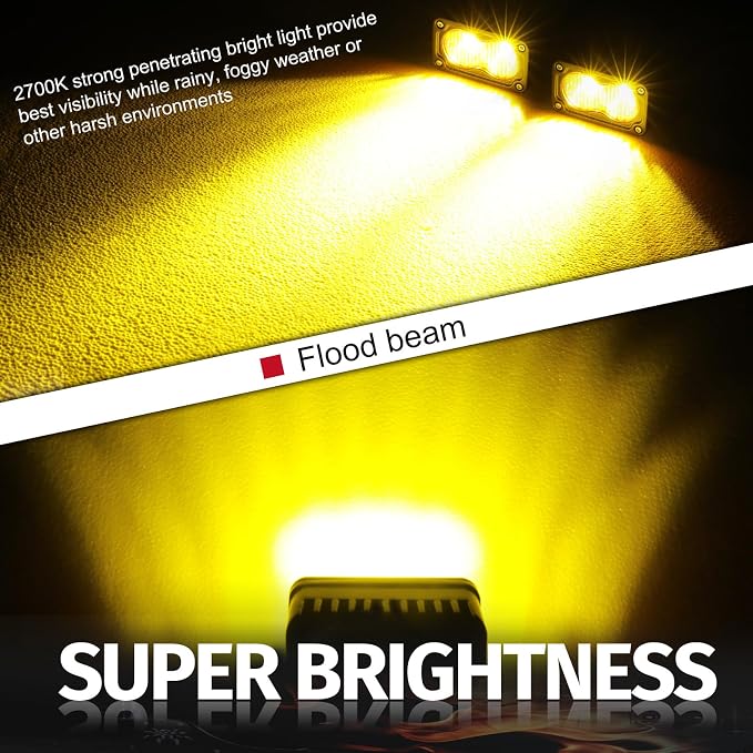 LED Pods Amber, 2PCS 40W 3 Inch Driving Light Amber Fog Light Waterproof Offroad Bumper Light Cube Super Bright Flood Work Light Pods for Truck ATV UTV SUV Motorcycle Boat