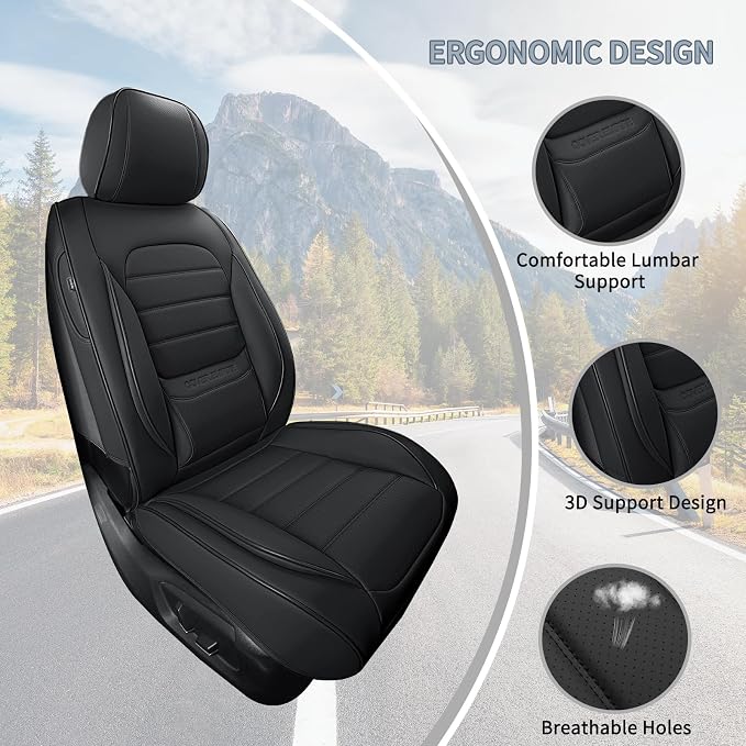 Front Car Seat Covers, 2Pcs Universal Leather Seat Covers for Cars, Full Coverage Waterproof Automotive Seat Covers, Breathable Front Seat Covers for Most Trucks, SUVs, Sedans, Black