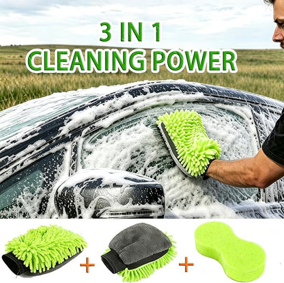 3 PCS Microfiber Car Wash Mitt, Microfiber Chenille Car Wash Sponge Glove for Car Washing and Detailing Scratch-Free, Lint-Free, Foam Gun, and Absorbent, Foam Scrubber, Cleaning Supplies