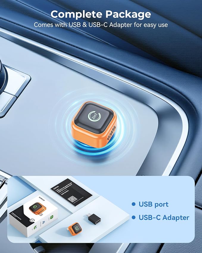 KUKIHO Wireless CarPlay Adapter, 2-in-1 CarPlay & Android Auto, Mini Plug & Play, Fast Auto-Connect, No Latency, USB/USB-C for Cars with Built-in CarPlay, iOS 10+/Android 11+ (Orange)