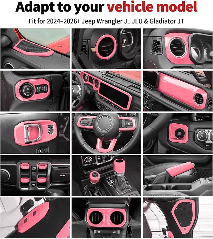 JWWY Interior Trim Kit Dress-Up Kit Decor Set Center Console Gear Shift Dashboard Panel,Door Window Switch Knob Speaker Cover Trim for 2024–2026 Jeep Wrangler JL JLU & Gladiator JT Pink 28pcs