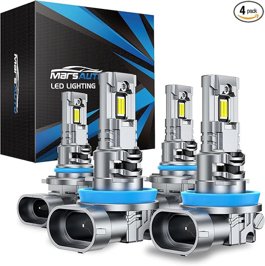 Marsauto H11/H8/H9 9005/HB3 Powersports Bulbs, H11 9005 Fog Bulbs with 5 mins Plug and Play, Turbo Fan, 50000 Hours Lifespan, No Polarity, Fog Light, Pack of 4