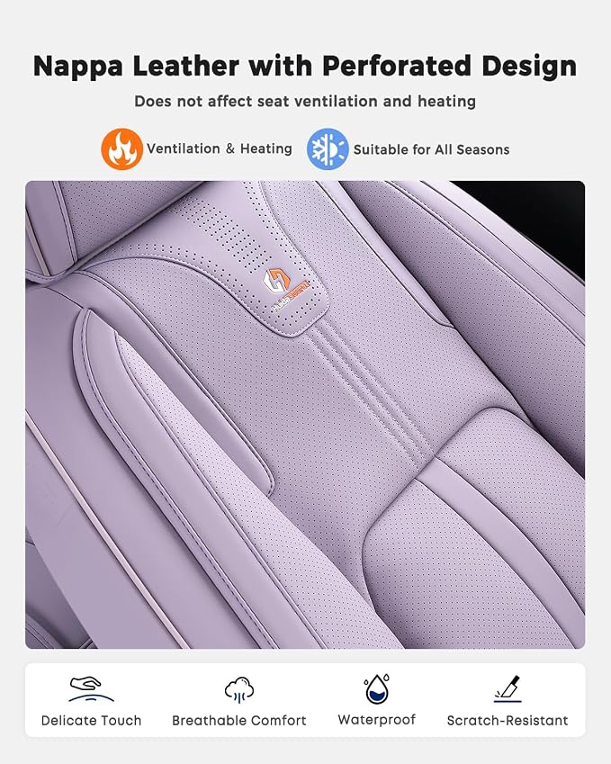 Huidasource Purple Seat Covers Luxury Nappa Leather, Car Seat Covers with Velcro Adjustable, Airbag, Lumbar Support, Cooling＆Heating, SUV seat Covers Universal Fit for Most Cars SUV Trucks, Purple