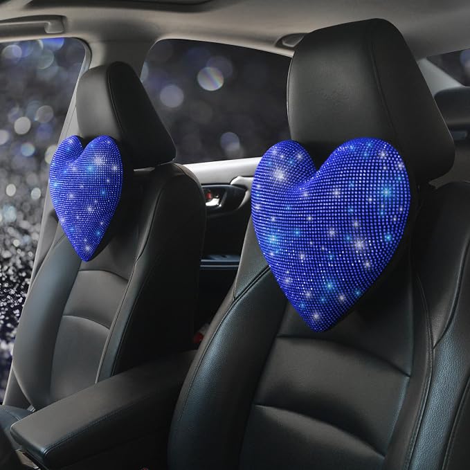 Car Bling Pillows Automobile Headrest Neck Pillow Shiny Diamond Interior Accessories for Women, Girls and Ladies Car Nevk Pillow Rhinestone Universal Fit Blue 2 Pieces