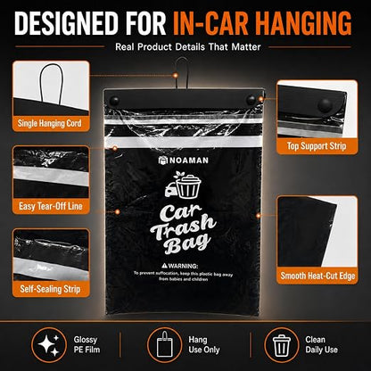 Noaman 50PCS 1 Pack Car Trash Bags, 2.5 Gal Disposable Garbage Bags for Car, SUV, Truck and RV, Leak-Resistant Odor-Control Bags, Stick-On or Headrest Mount, Alternative to Car Trash Can, Black