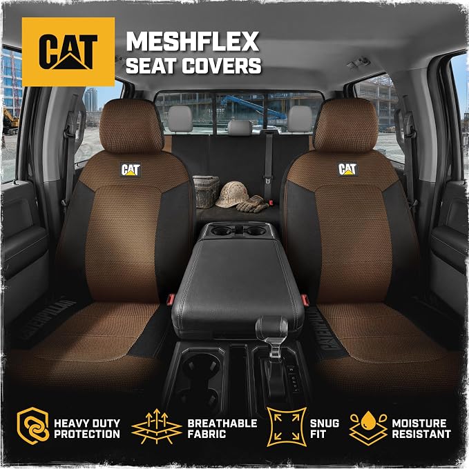 CAT MeshFlex Seat Covers Full Set for Full-Size Pickup Trucks Only - Brown | Front Bucket Seat Covers & 60/40 Split Rear Bench Protector – Interior Accessories For F-150, Silverado, Ram, Sierra & Tundra