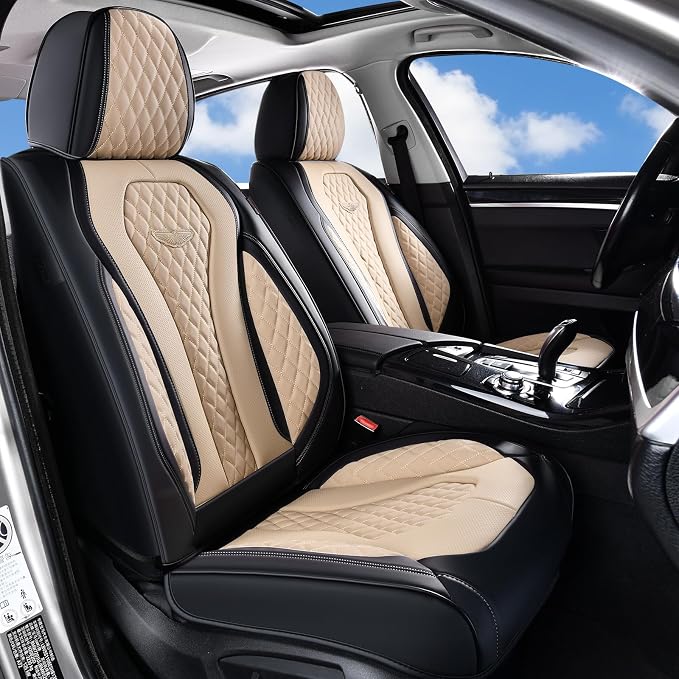 Coverado Car Seat Covers, Leather Seat Covers Full Set, Beige Seat Covers, Car Seat Cushion, Driver Car Seat Covers, Waterproof Car Seat Protector Fit for Most Cars