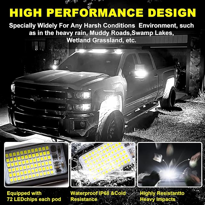 Nicoko 4Pods Pure White 72 LEDs SMD Chips 72w High Power Rock Lights Super Bright White Offroad Car Boat Underglow Lights IP68 Waterproof for Truck SUV UTV ATV RZR